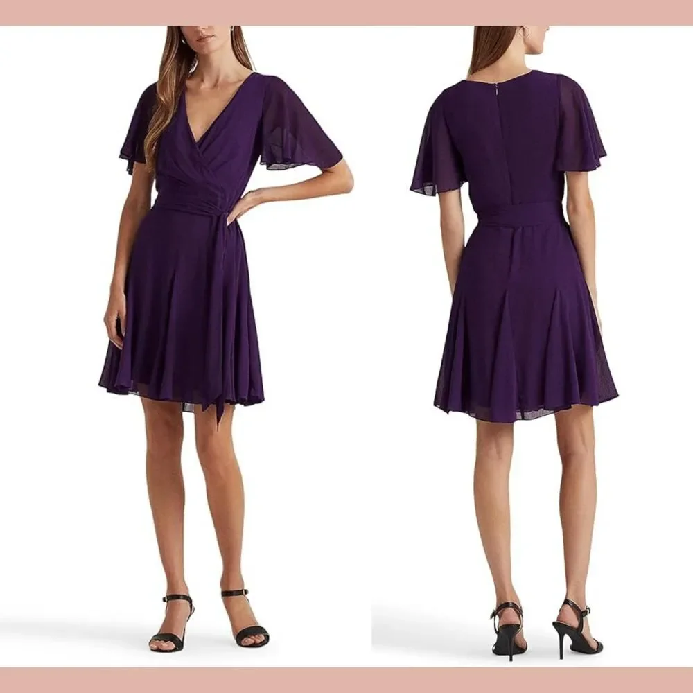 NWD$165 LAUREN Ralph Lauren [ 14 ] Crinkle Georgette Surplice Dress‎ Purple